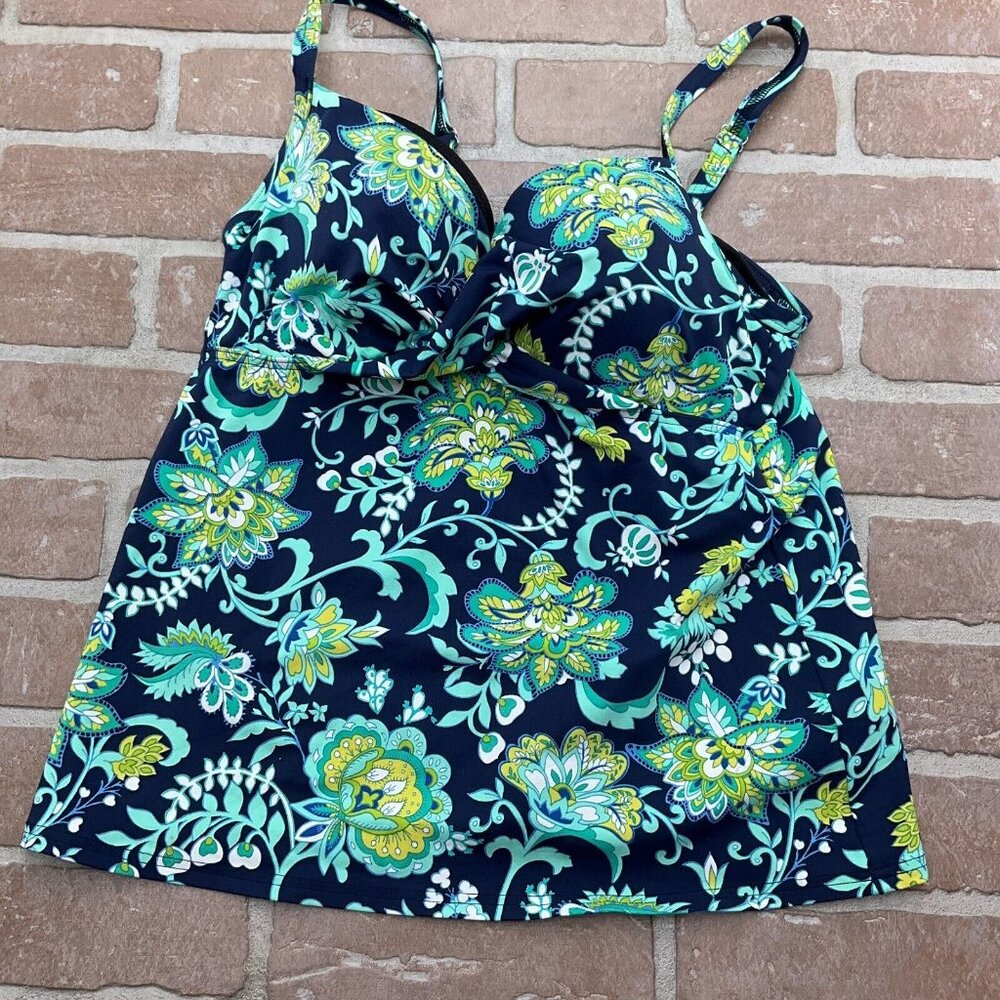 Lands End Tankini Top Women 30D/32C Blue Green Floral Twist Underwire Pads Bra